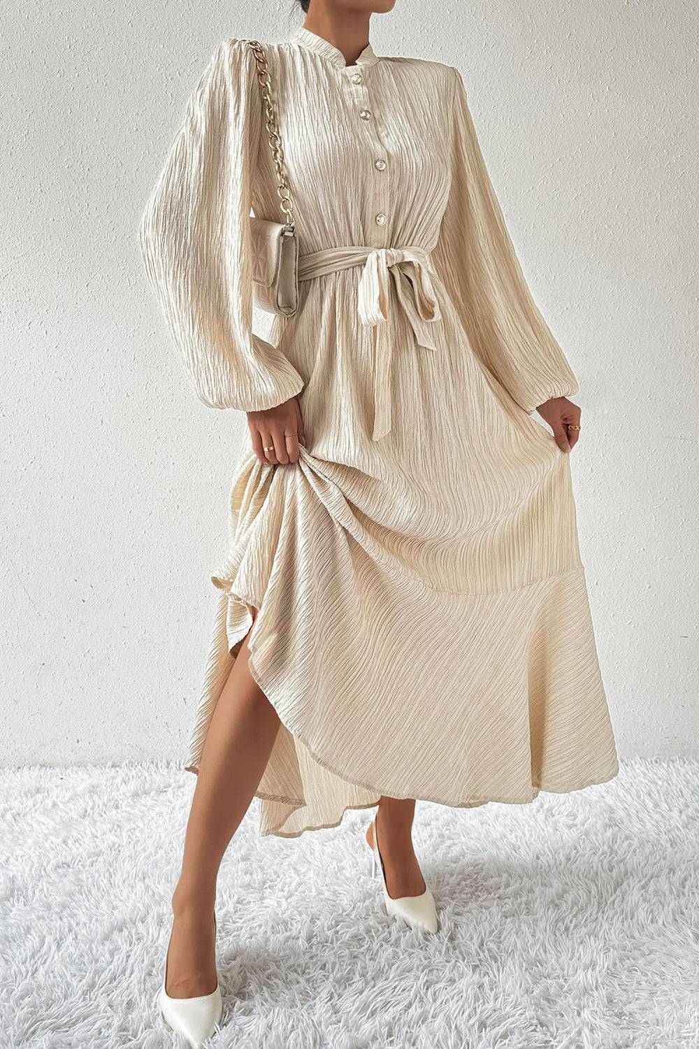 Tied Button Up Balloon Sleeve Dress - Siennasass