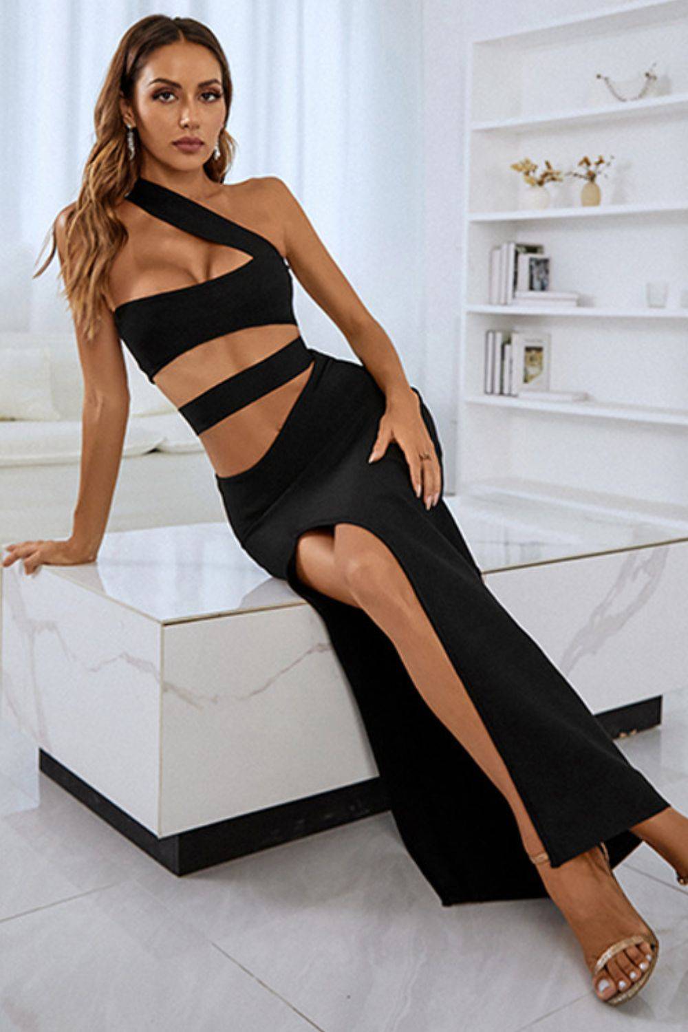 One-Shoulder Cutout Front Split Maxi Dress - Siennasass