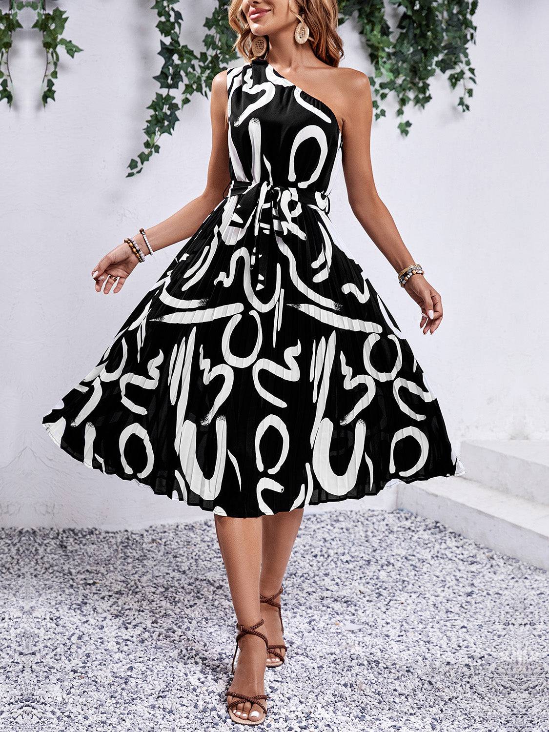 Printed Single Shoulder Tie Waist Dress - Siennasass