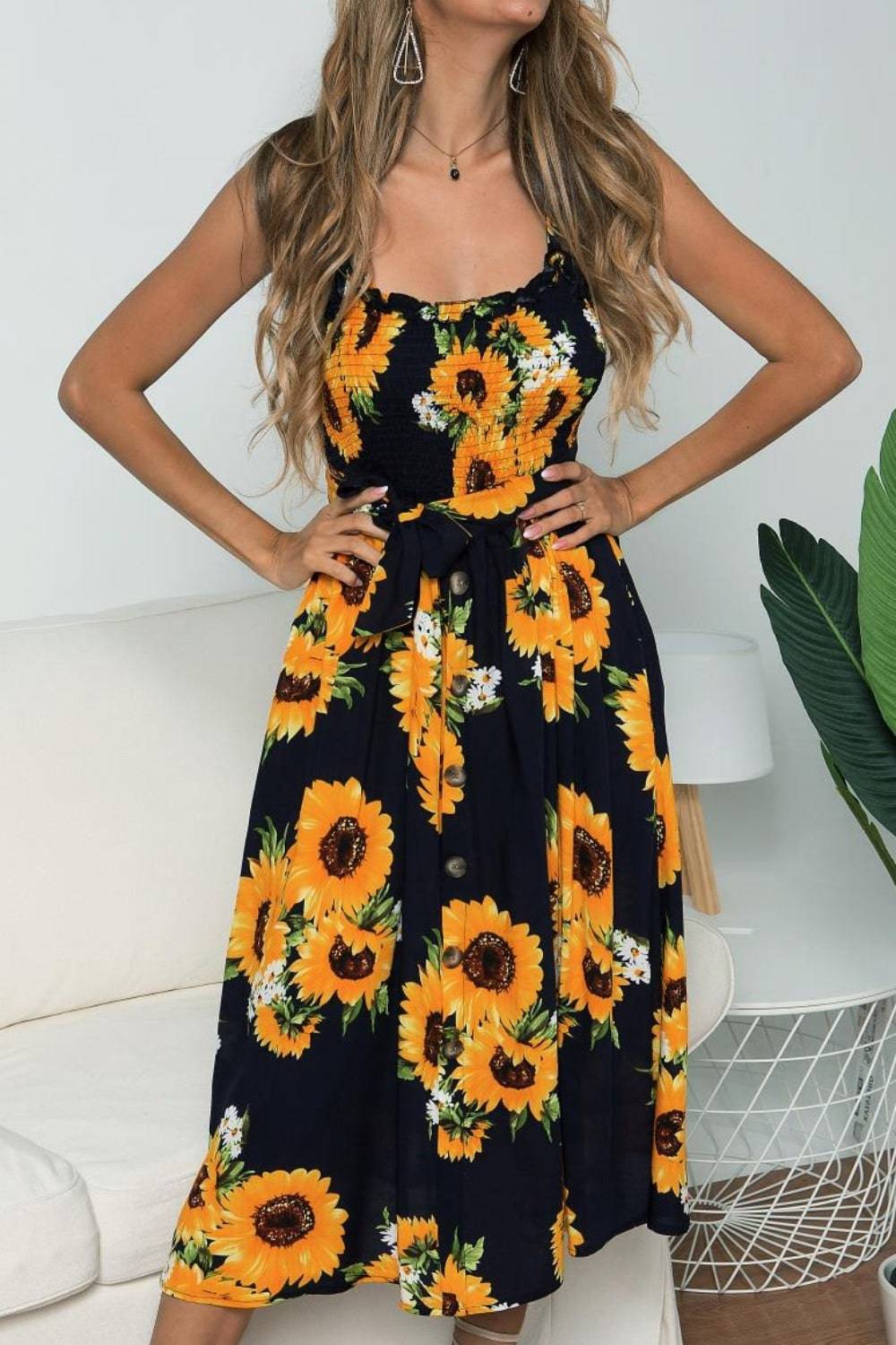 Smocked Sunflower Printed Sleeveless Cami Dress - Siennasass