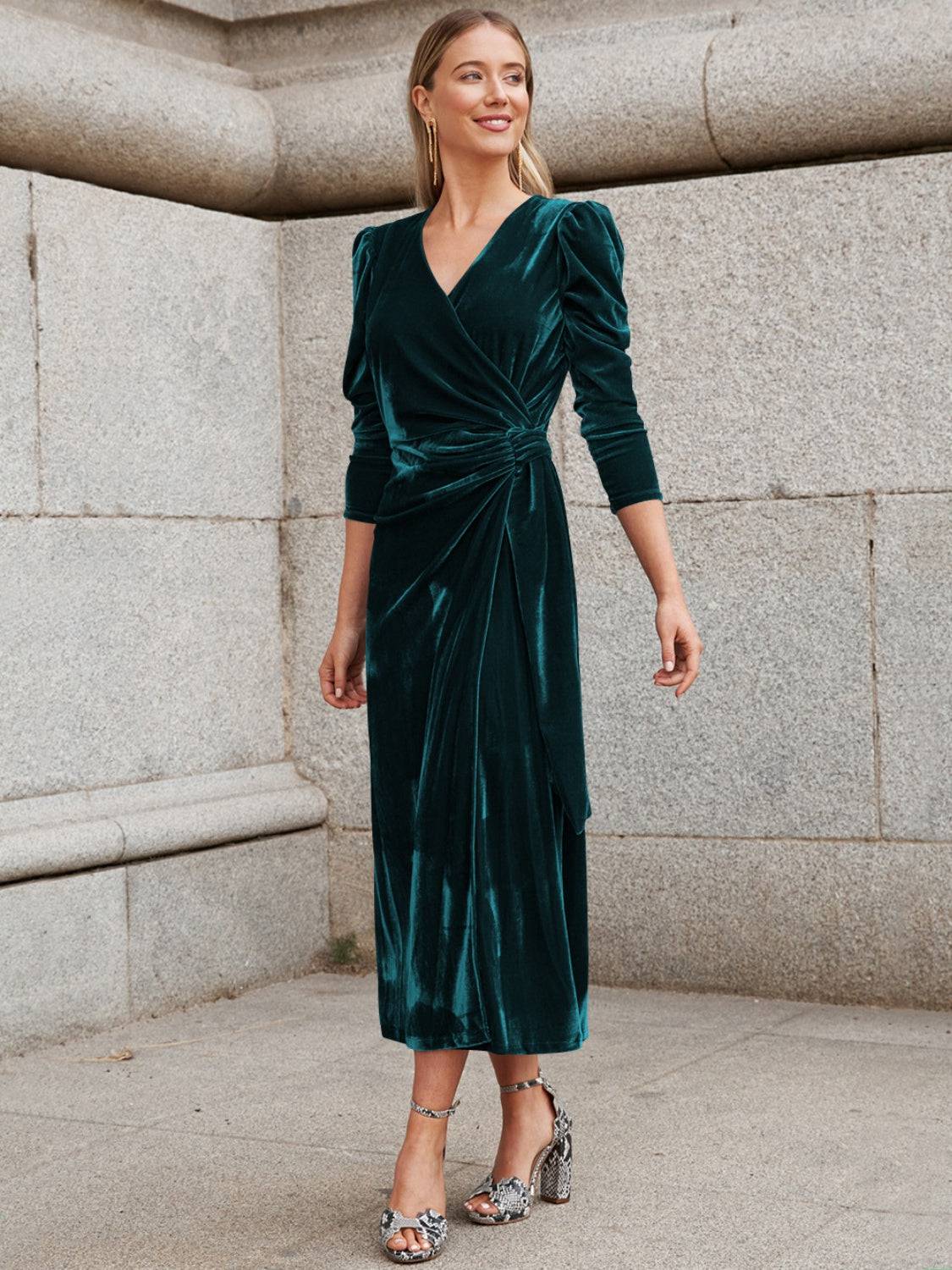 Surplice Puff Sleeve Midi Dress - Siennasass