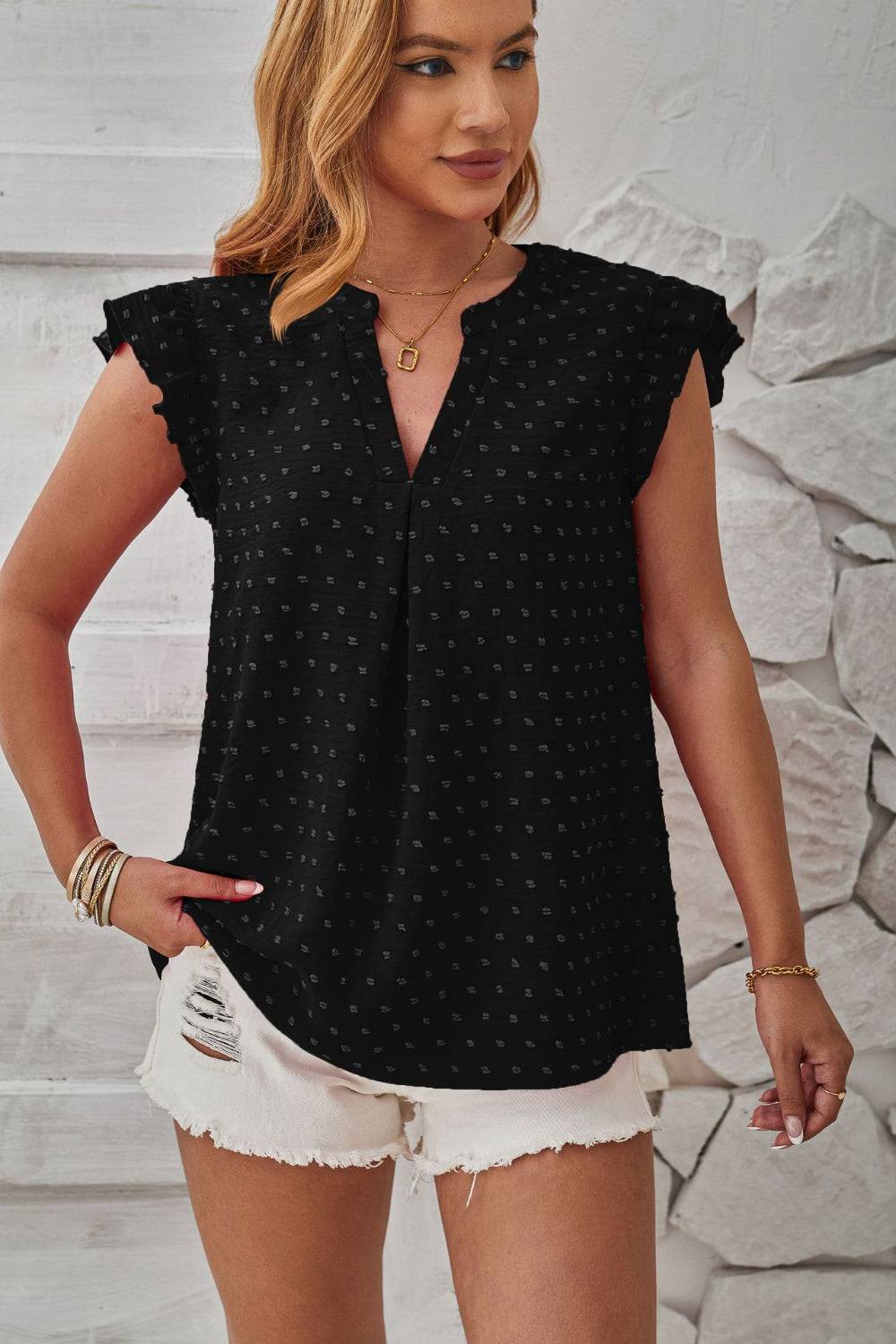 Swiss Dot Ruffled Cap Sleeve T-Shirt - Siennasass