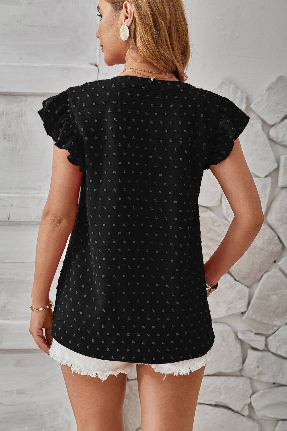 Swiss Dot Ruffled Cap Sleeve T-Shirt - Siennasass
