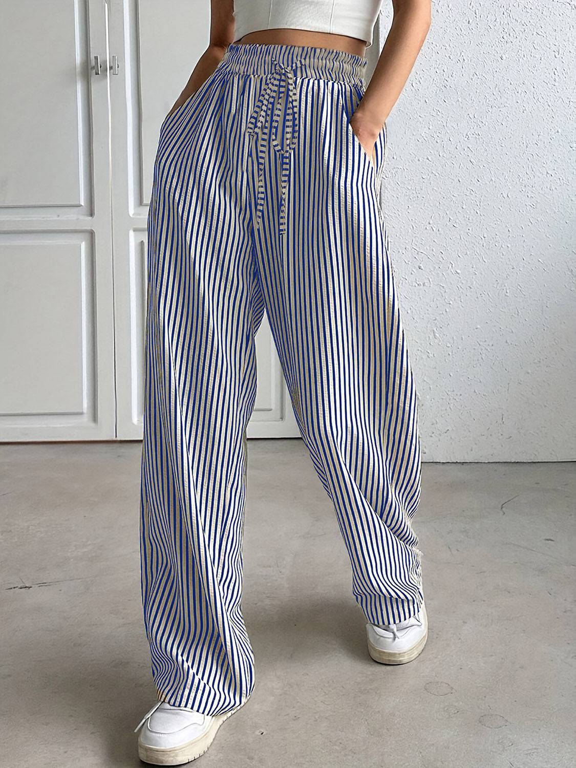 Drawstring Striped Elastic Waist Pants - Siennasass