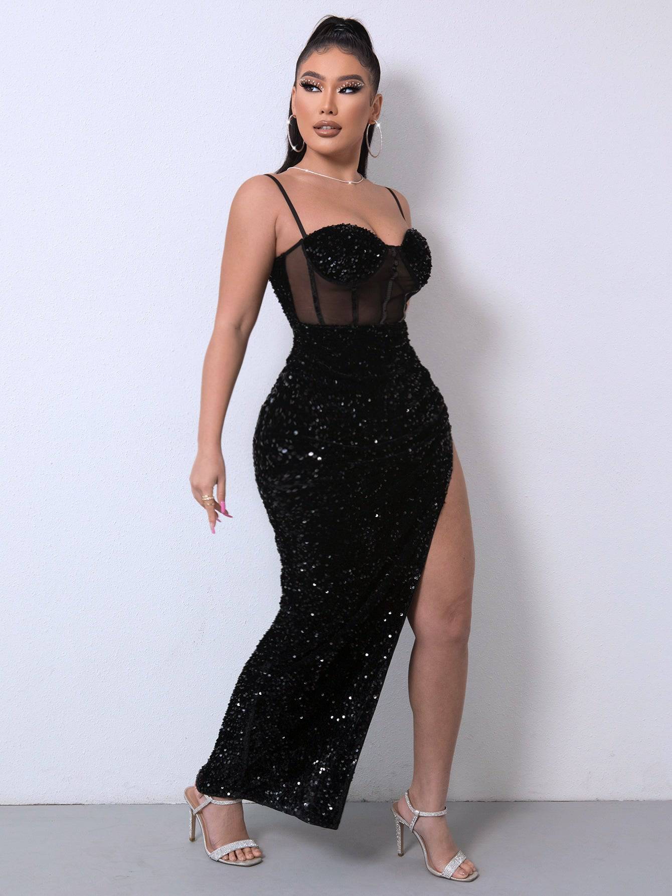 Sequin Spliced Mesh Adjustable Strap Dress - Siennasass