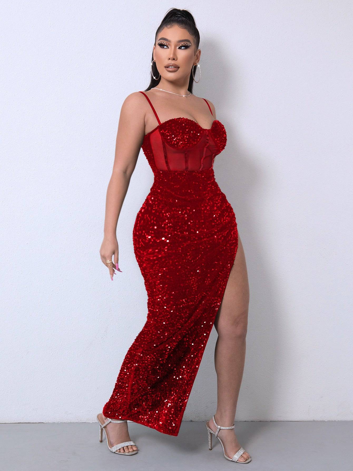 Sequin Spliced Mesh Adjustable Strap Dress - Siennasass