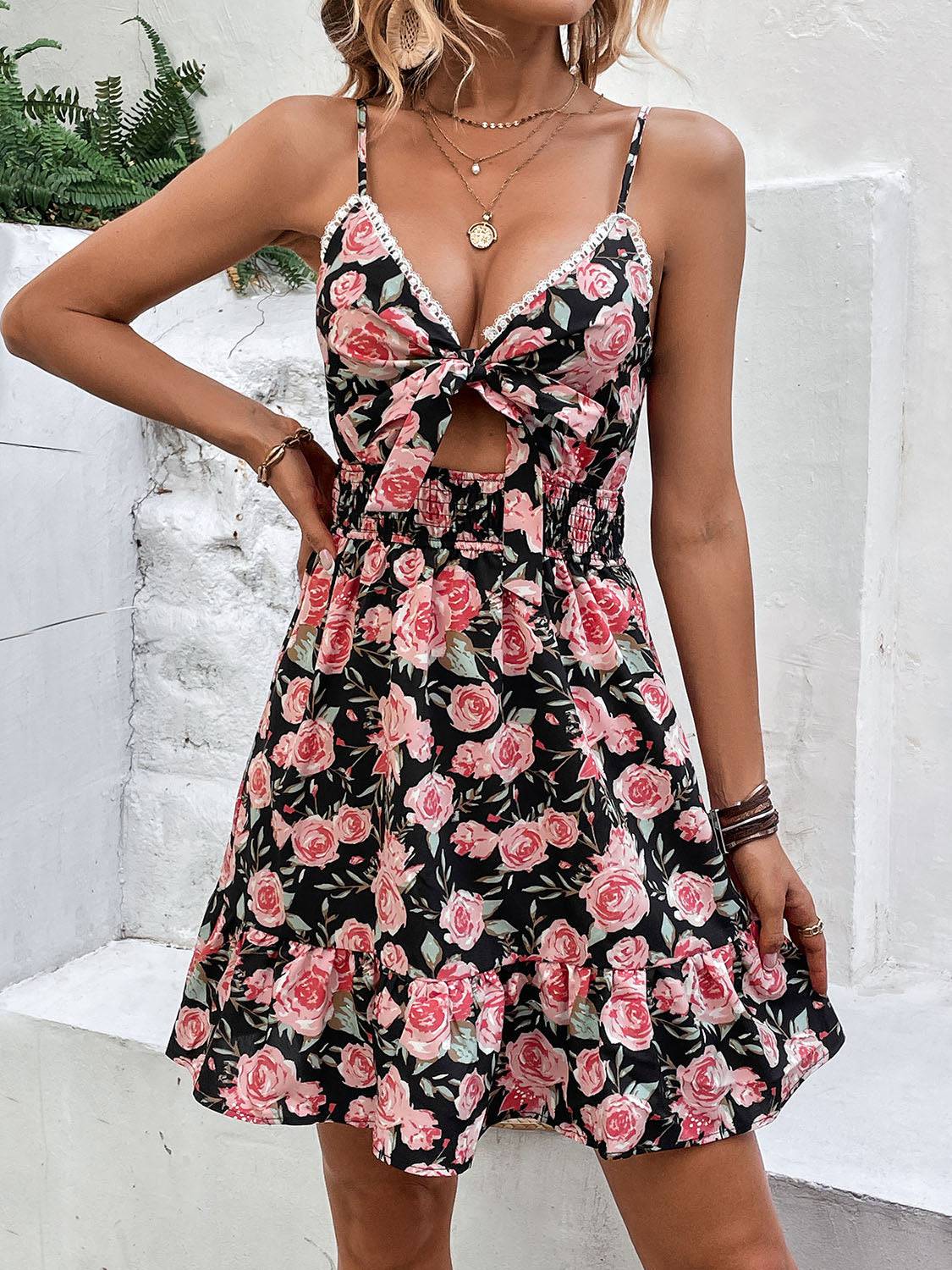 Tied Rose Print Spaghetti Strap Dress - Siennasass