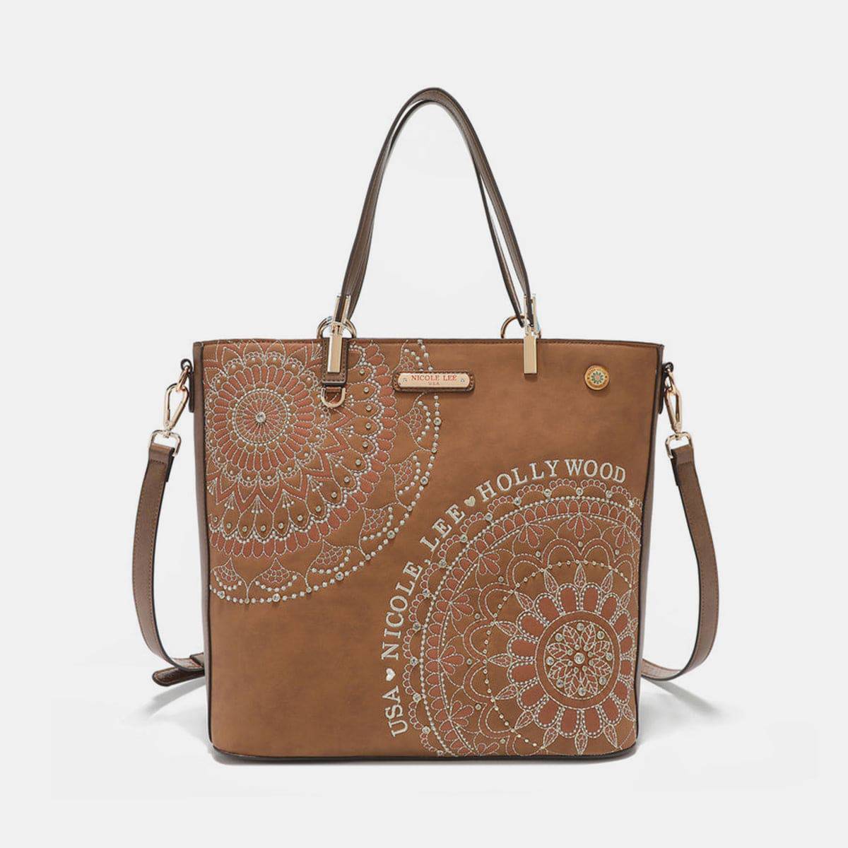 Nicole Lee USA Tragetasche mit Metallic-Nähten, Stickerei und Strass-Intarsien