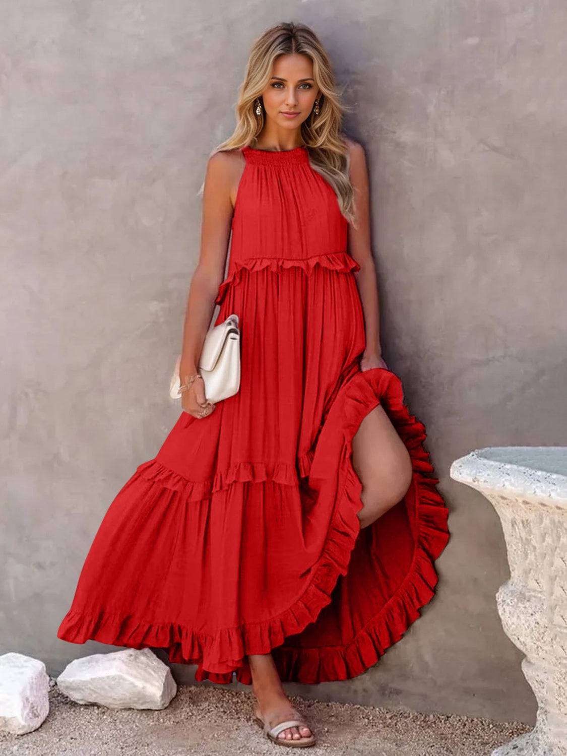 Ruffled Sleeveless Tiered Maxi Dress with Pockets - Siennasass