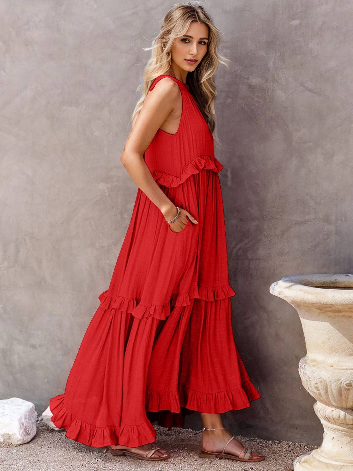 Ruffled Sleeveless Tiered Maxi Dress with Pockets - Siennasass