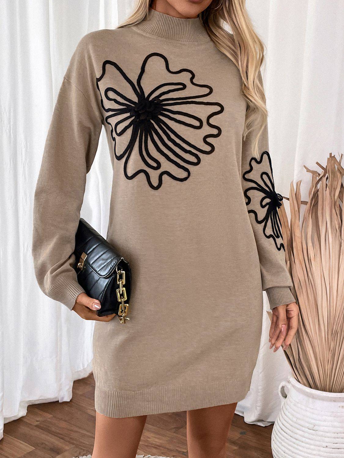Perfee – Langärmliges Pulloverkleid mit Stehkragen und Blumenmuster