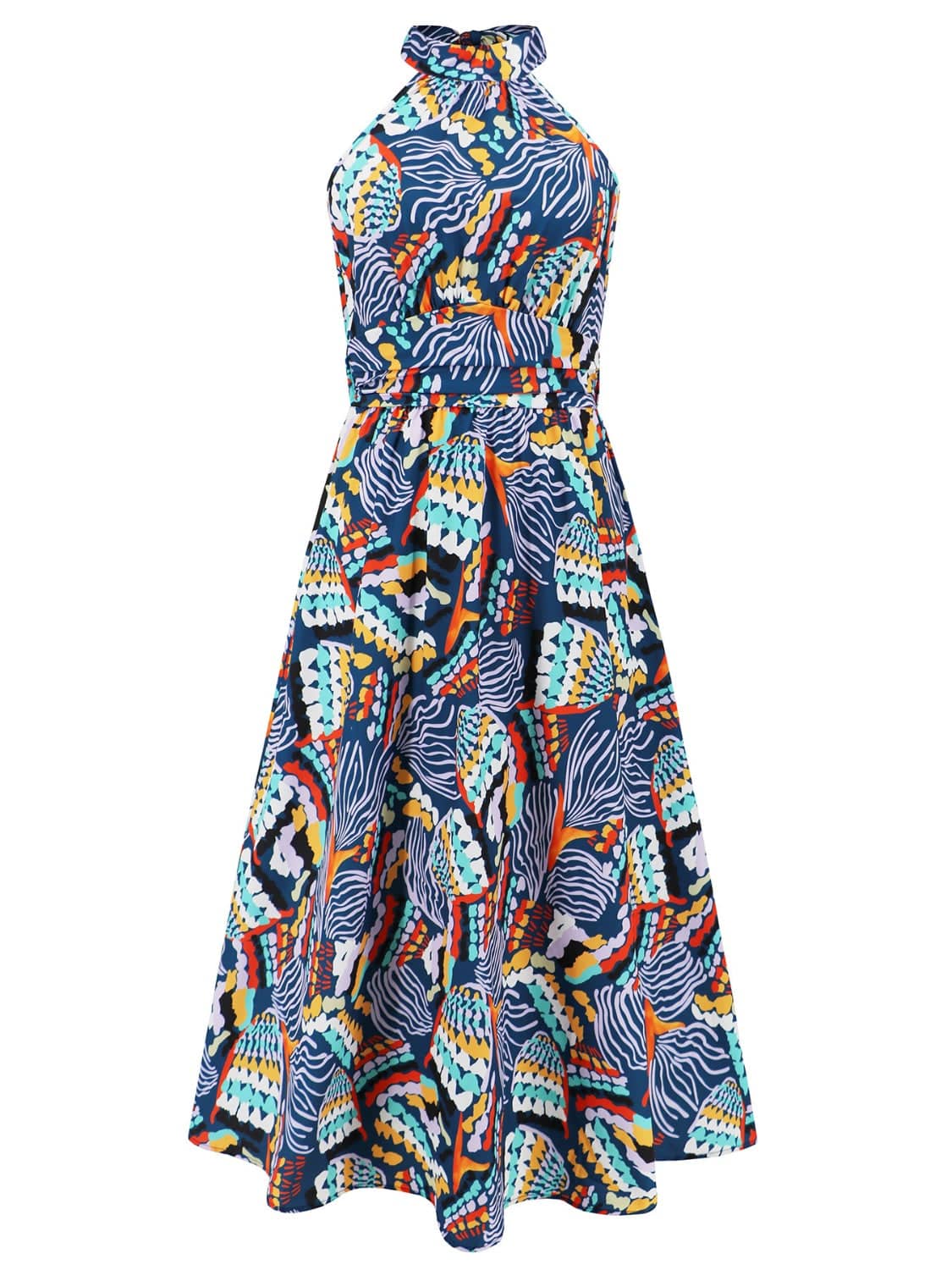 Ruched Printed Halter Neck Sleeveless Dress - Siennasass