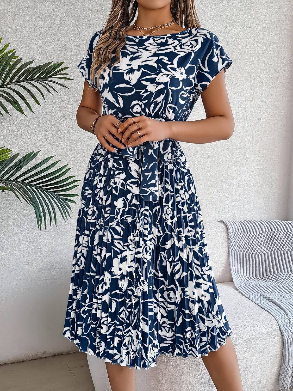 Tied Pleated Printed Short Sleeve Dress - Siennasass