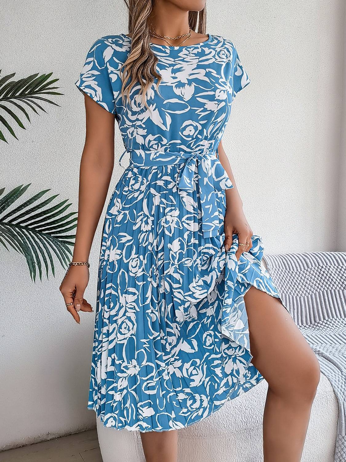 Tied Pleated Printed Short Sleeve Dress - Siennasass