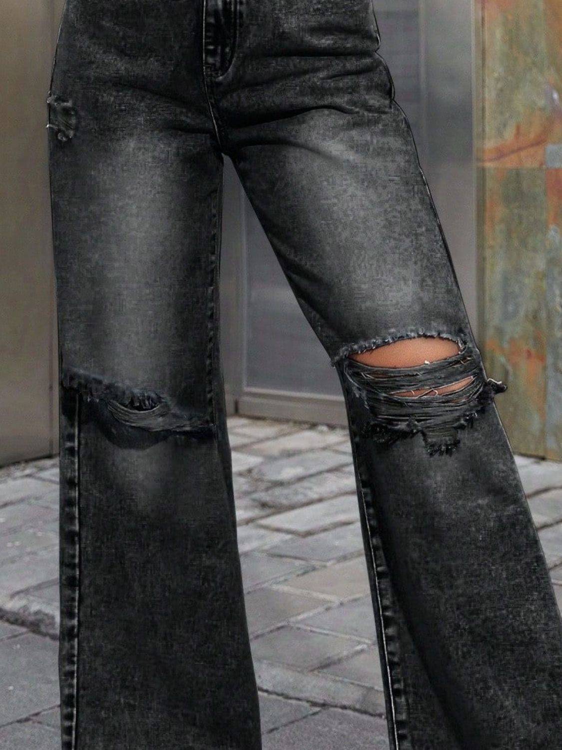 Distressed-Jeans mit weitem Bein und Taschen