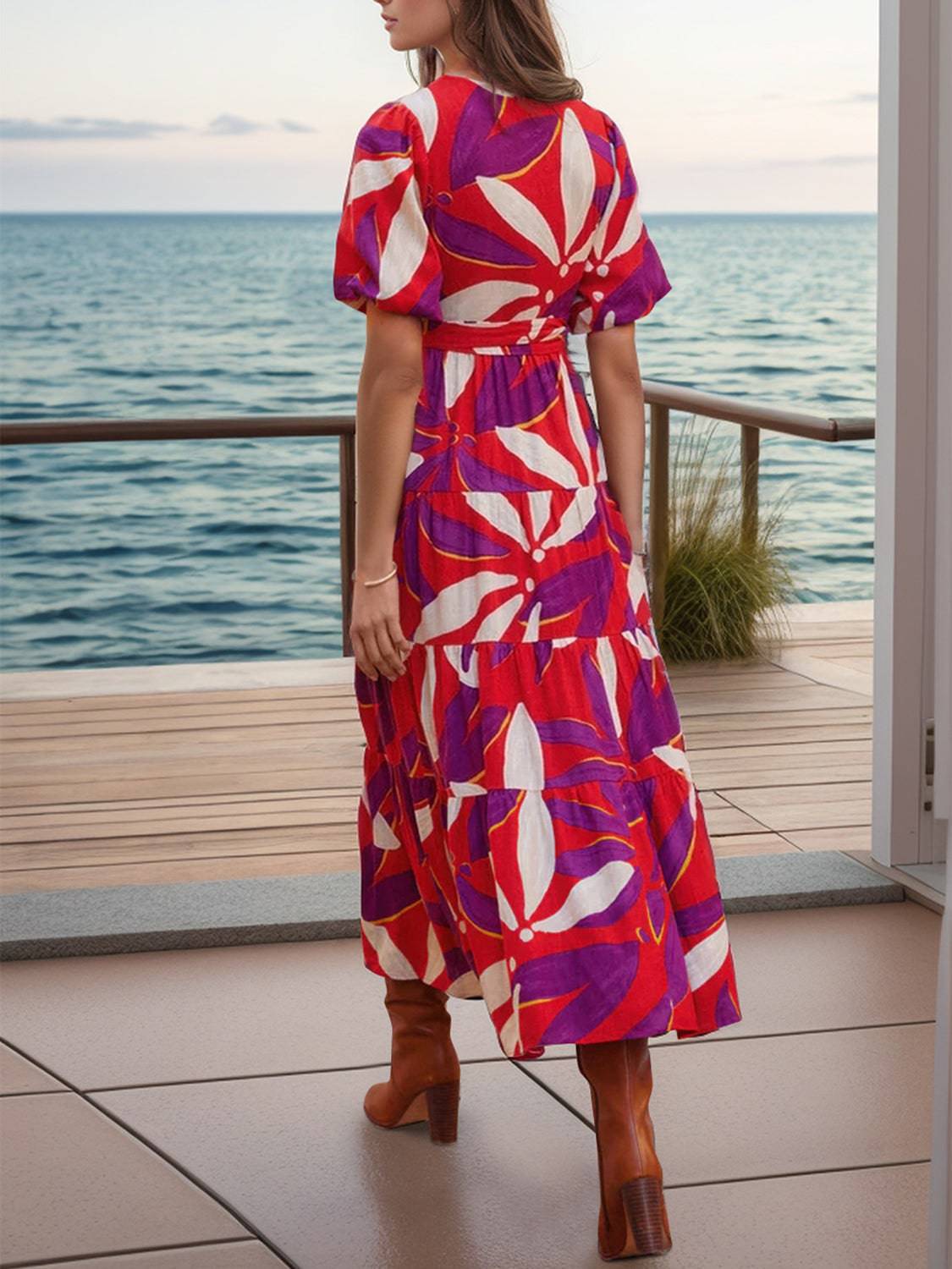 Tied Slit Printed Half Sleeve Midi Dress - Siennasass