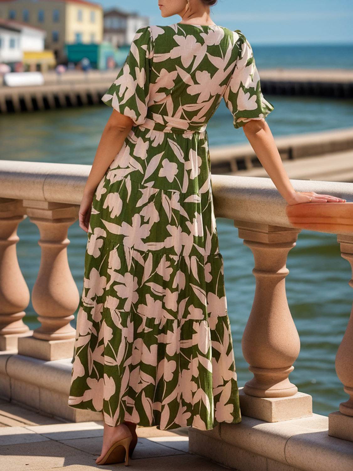 Tied Slit Printed Half Sleeve Midi Dress - Siennasass