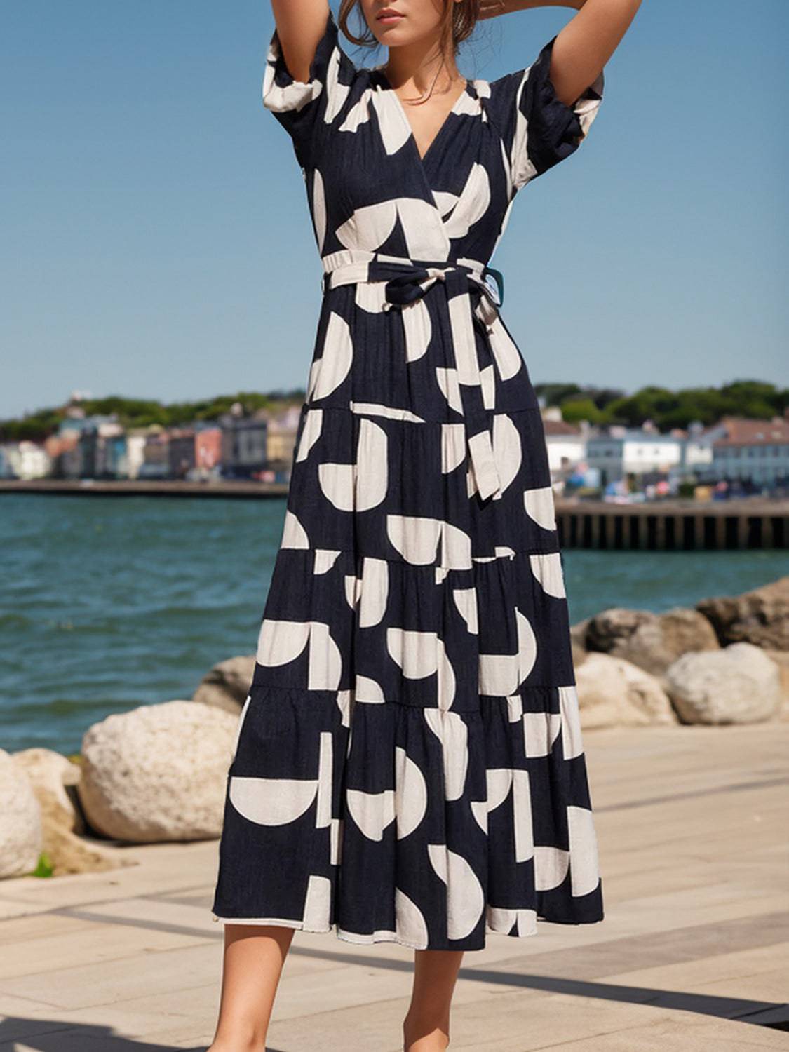 Tied Slit Printed Half Sleeve Midi Dress - Siennasass