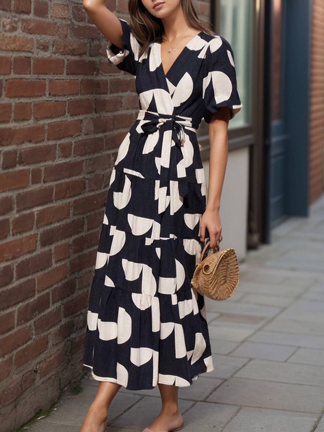 Tied Slit Printed Half Sleeve Midi Dress - Siennasass
