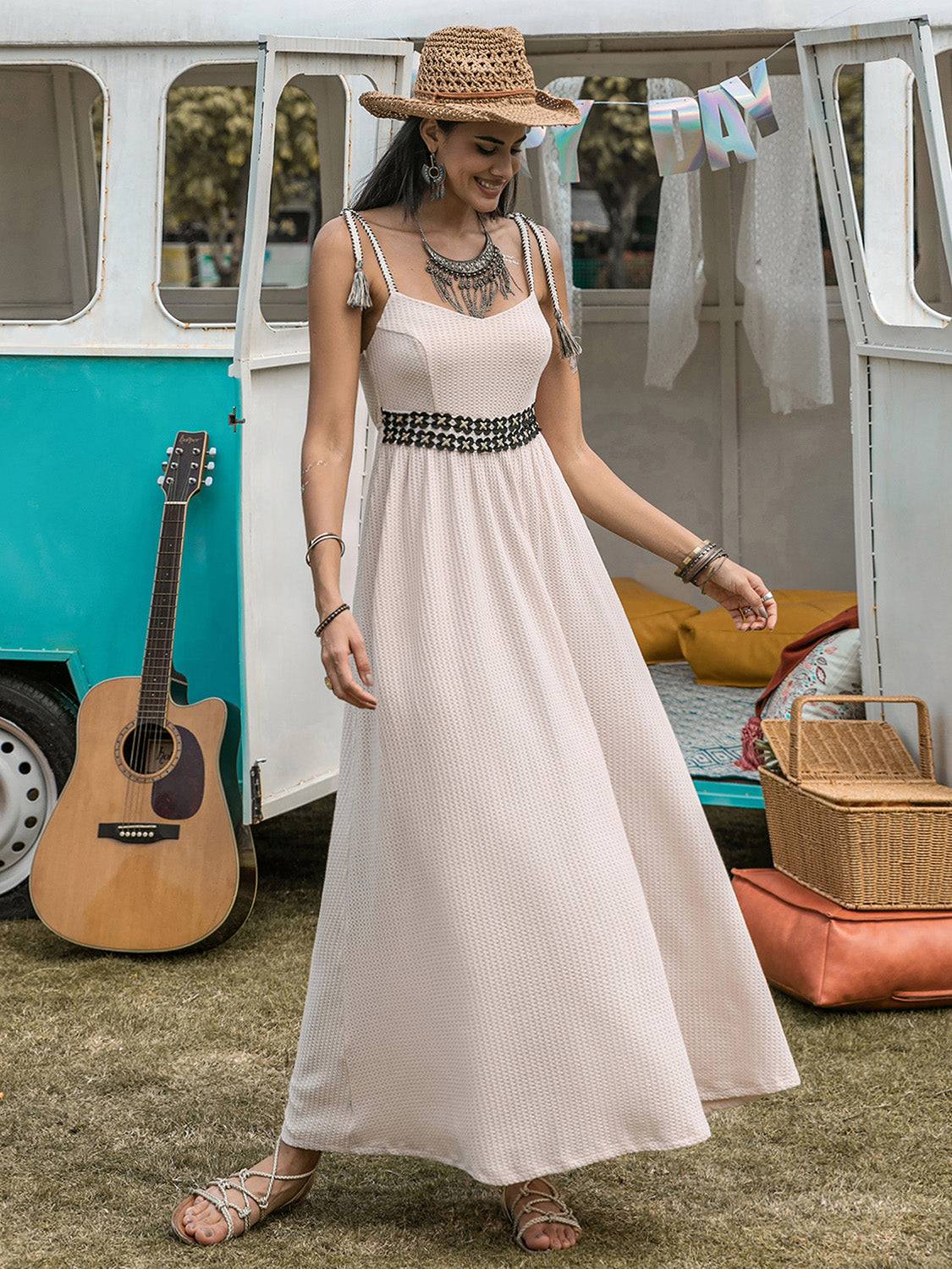 Waffle-Knit Tied Spaghetti Strap Dress - Siennasass