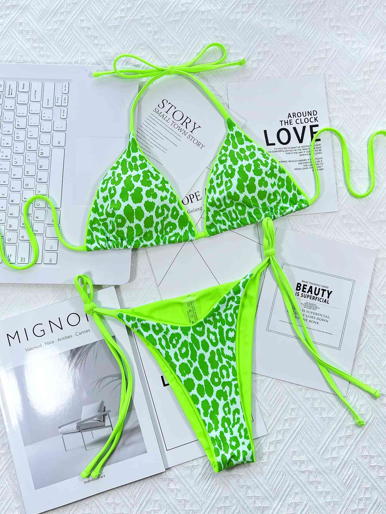 Leopard Print Halter Neck Tie Side Bikini Set - Siennasass