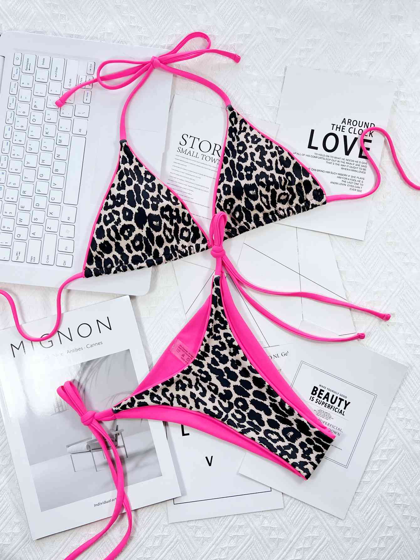 Leopard Print Halter Neck Tie Side Bikini Set - Siennasass