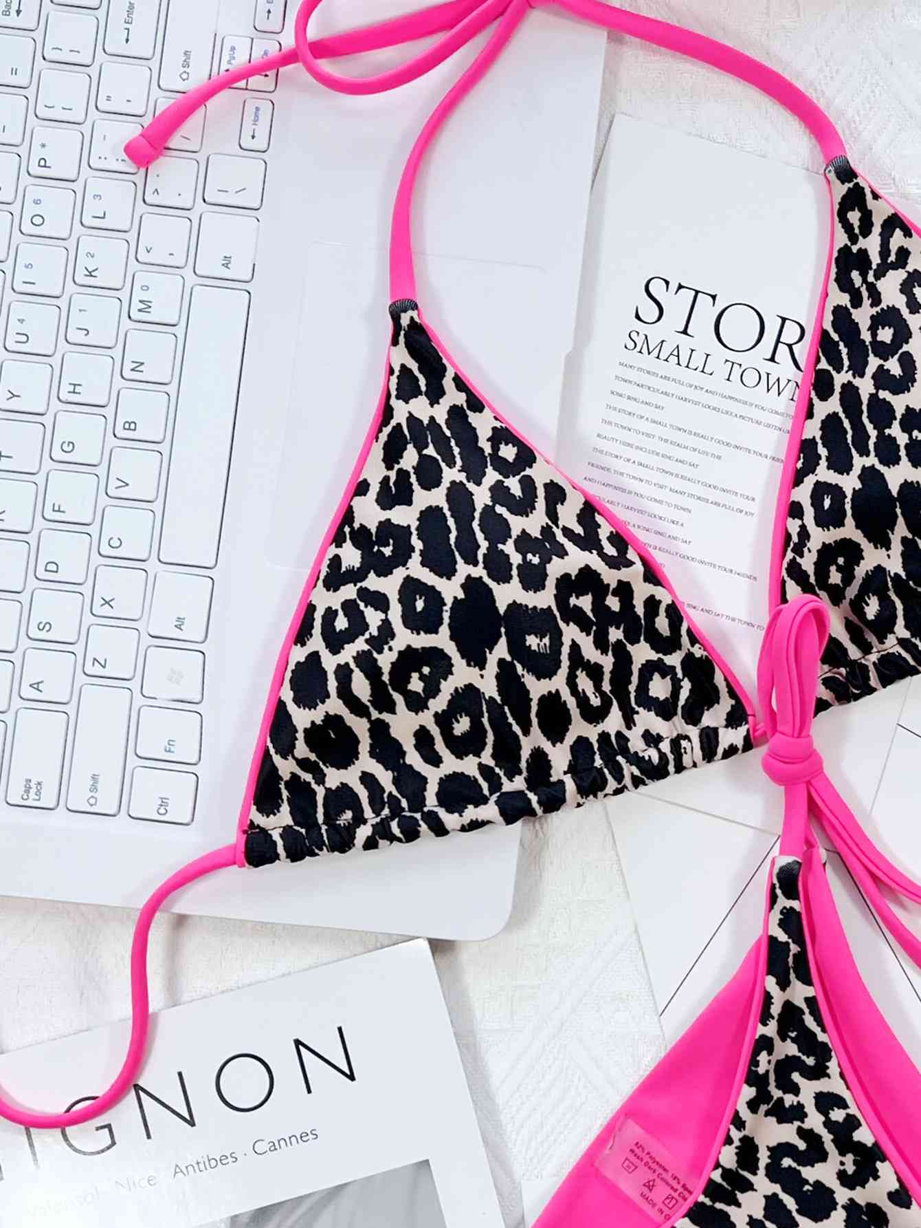Leopard Print Halter Neck Tie Side Bikini Set - Siennasass