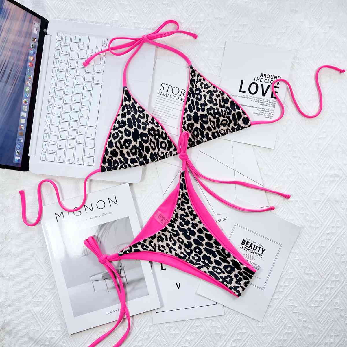 Leopard Print Halter Neck Tie Side Bikini Set - Siennasass