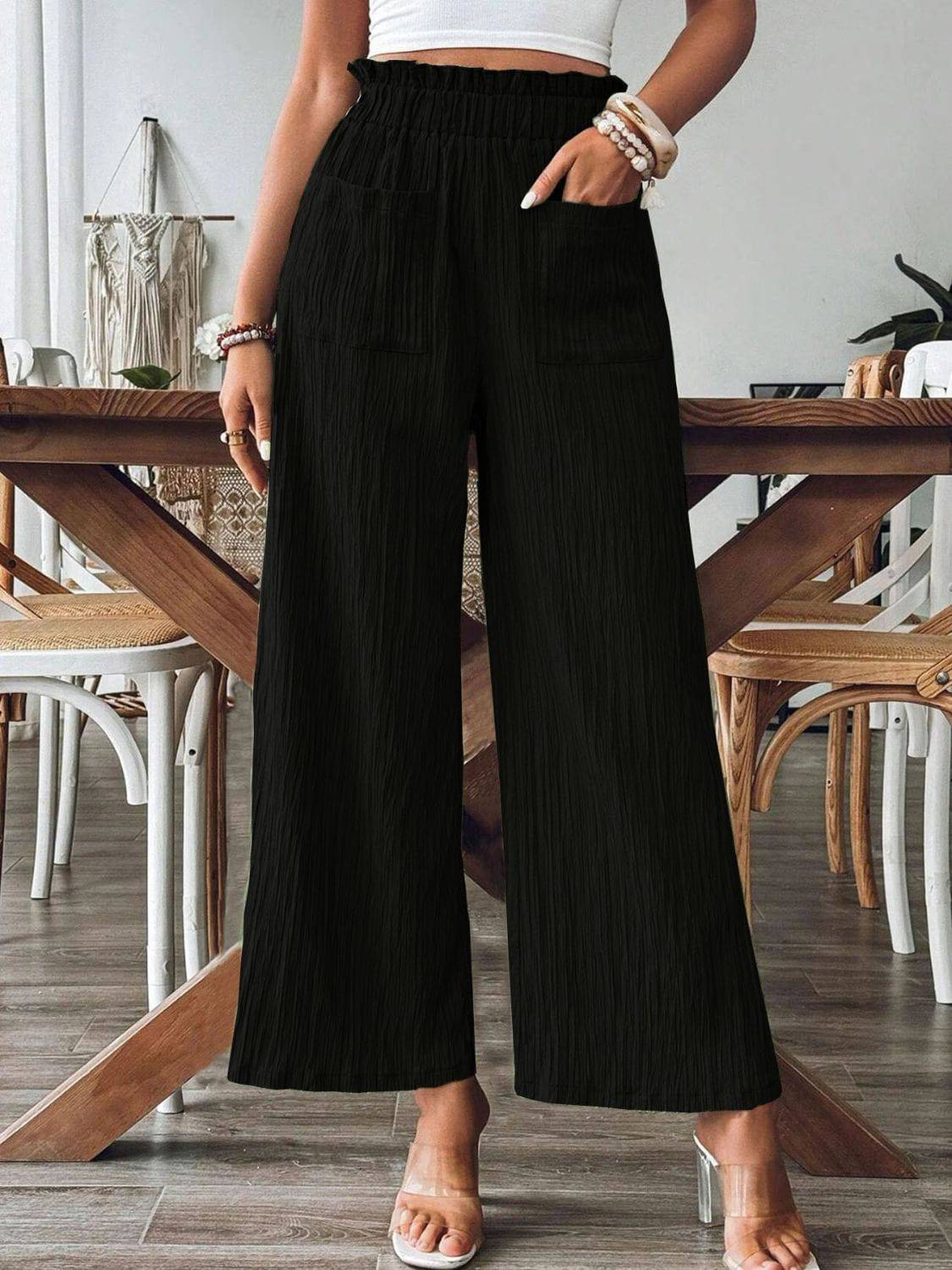 Pocketed Elastic Waist Wide Leg Pants - Siennasass