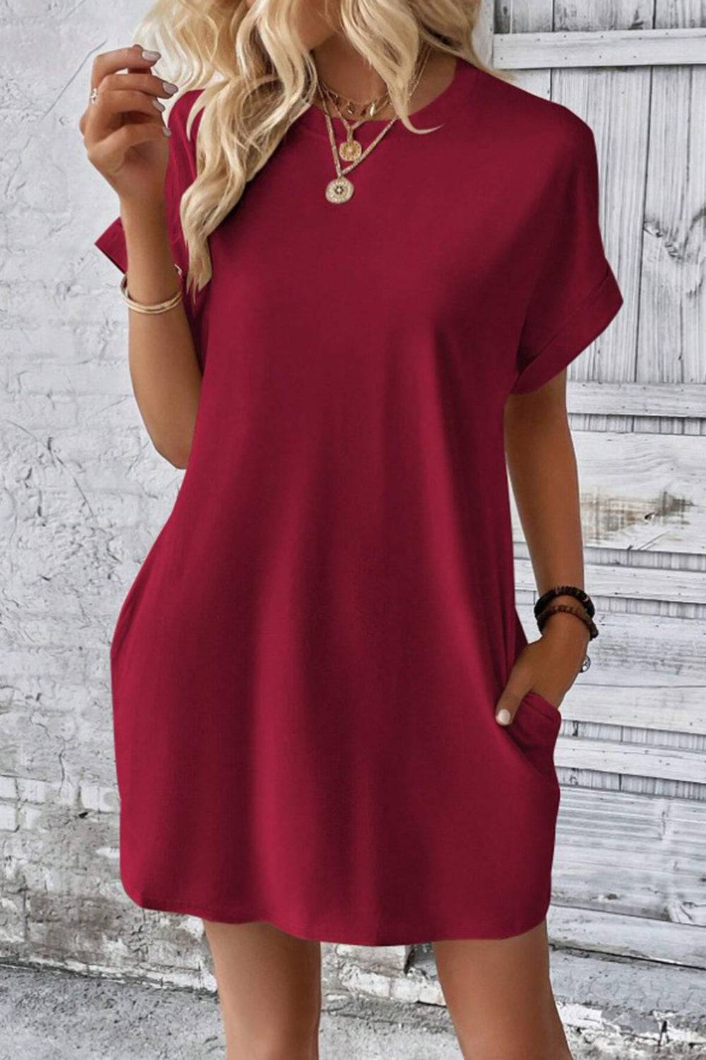 Pocketed Round Neck Short Sleeve Dress - Siennasass