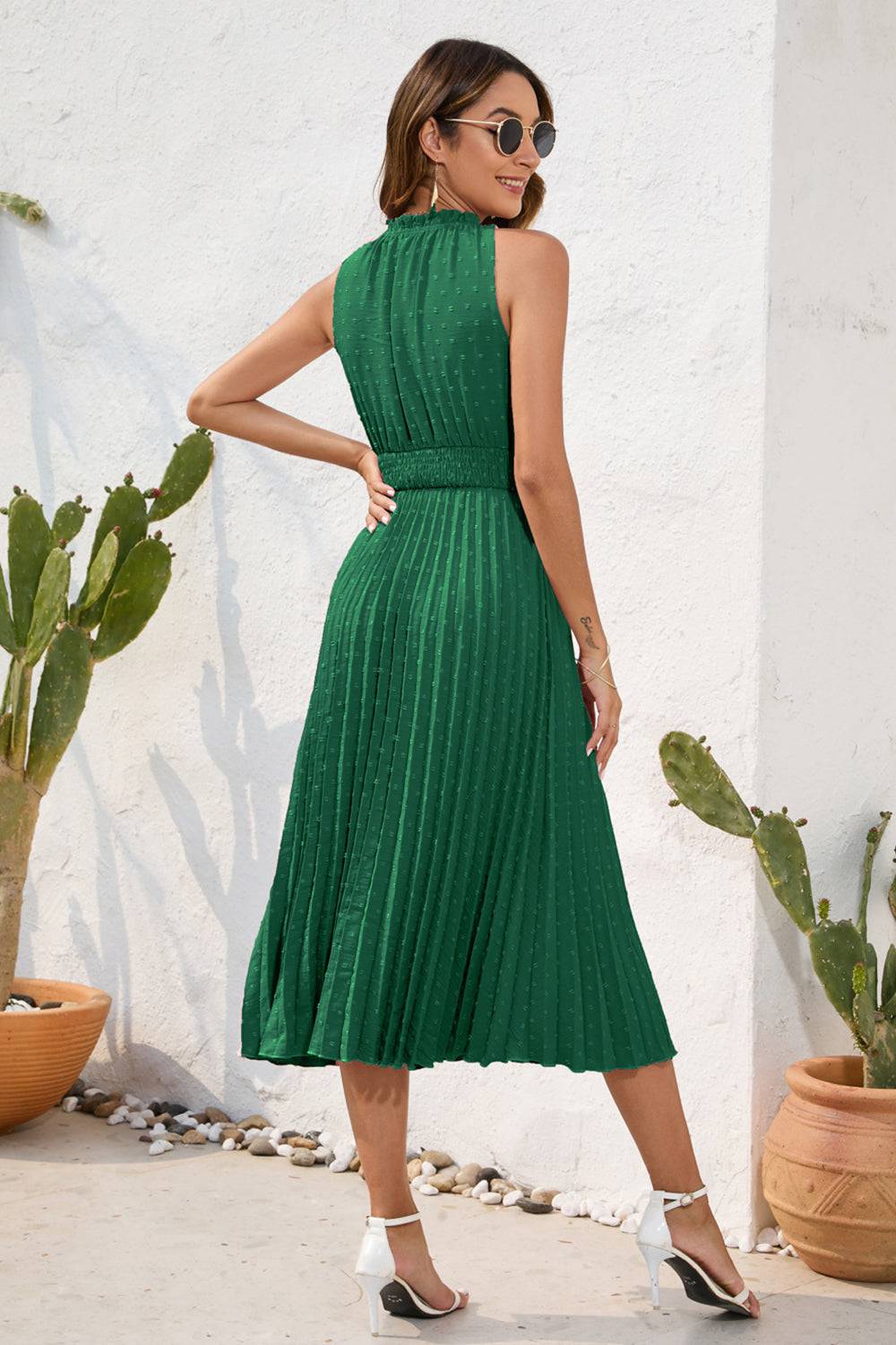 Swiss Dot Tie Neck Sleeveless Dress - Siennasass