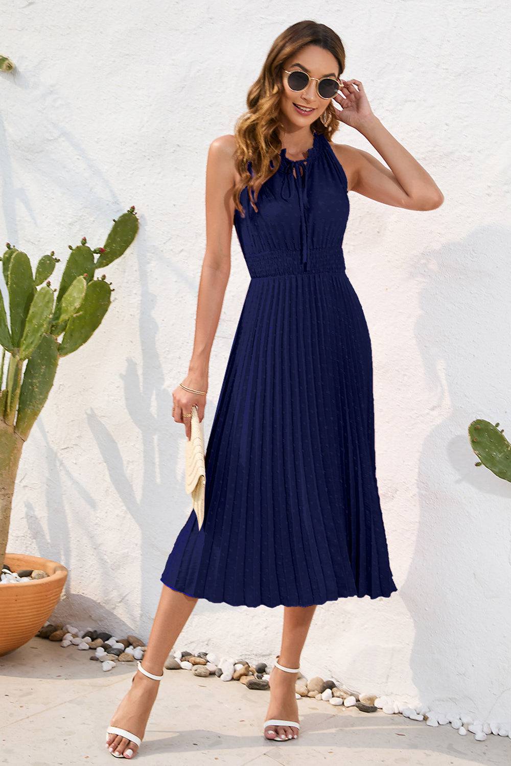 Swiss Dot Tie Neck Sleeveless Dress - Siennasass