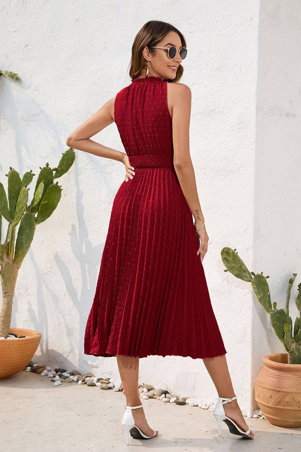 Swiss Dot Tie Neck Sleeveless Dress - Siennasass