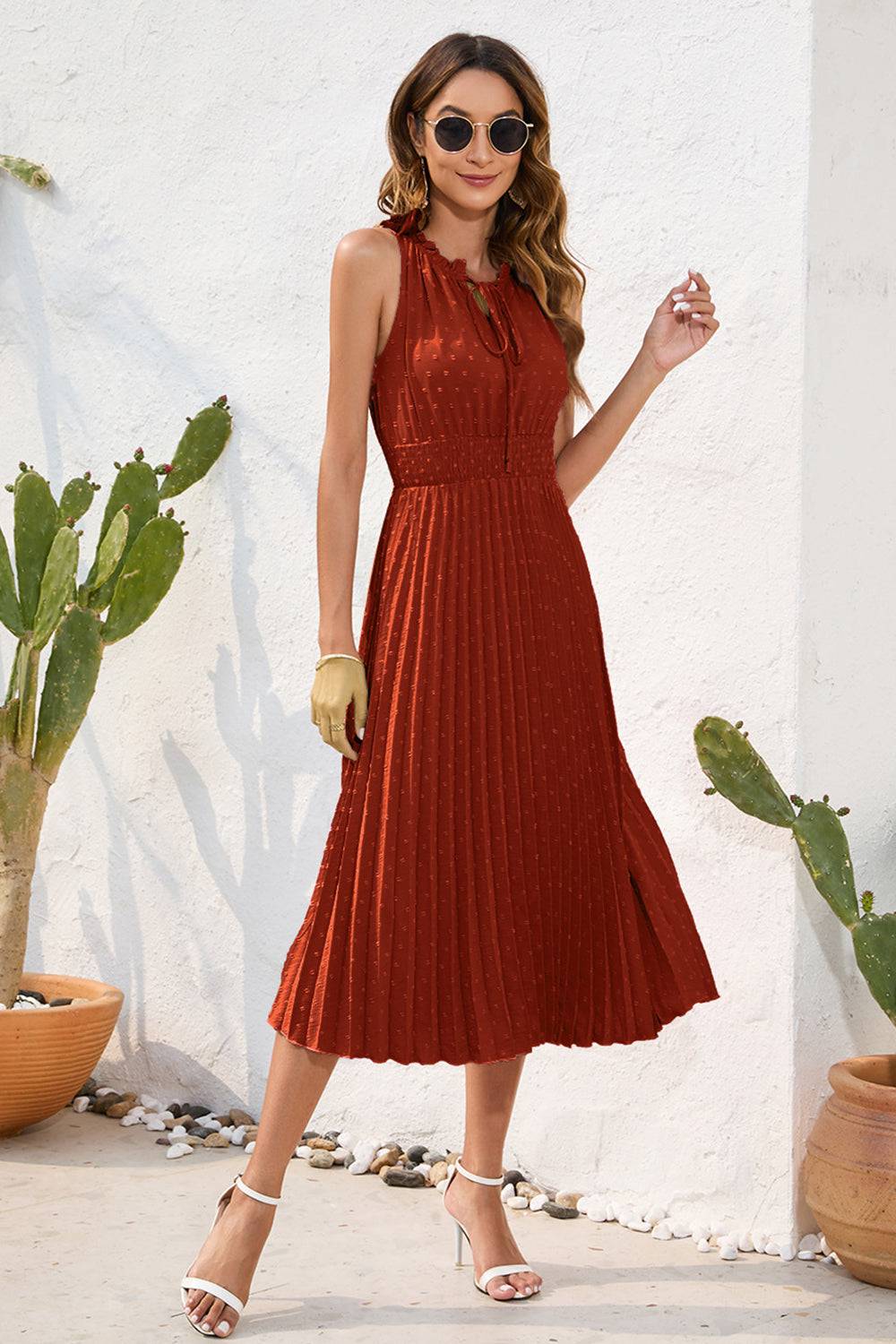 Swiss Dot Tie Neck Sleeveless Dress - Siennasass