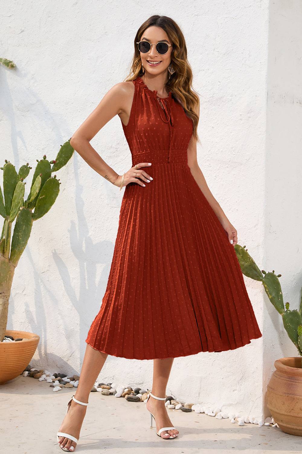 Swiss Dot Tie Neck Sleeveless Dress - Siennasass
