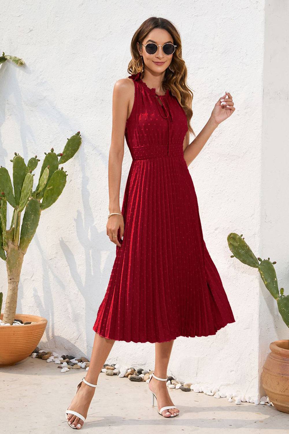 Swiss Dot Tie Neck Sleeveless Dress - Siennasass