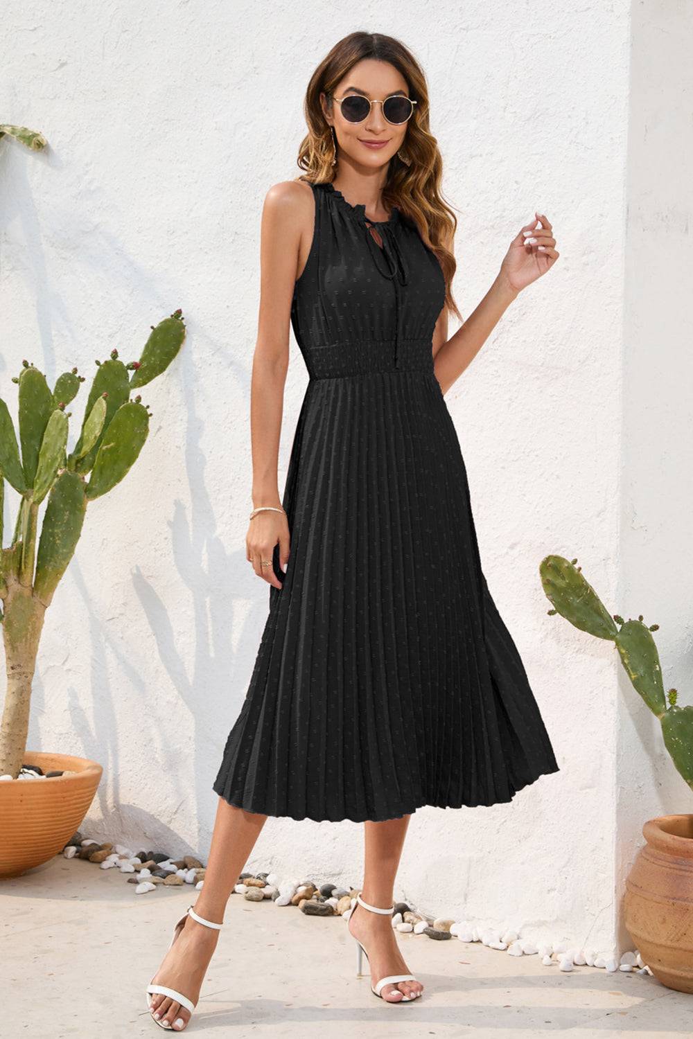 Swiss Dot Tie Neck Sleeveless Dress - Siennasass