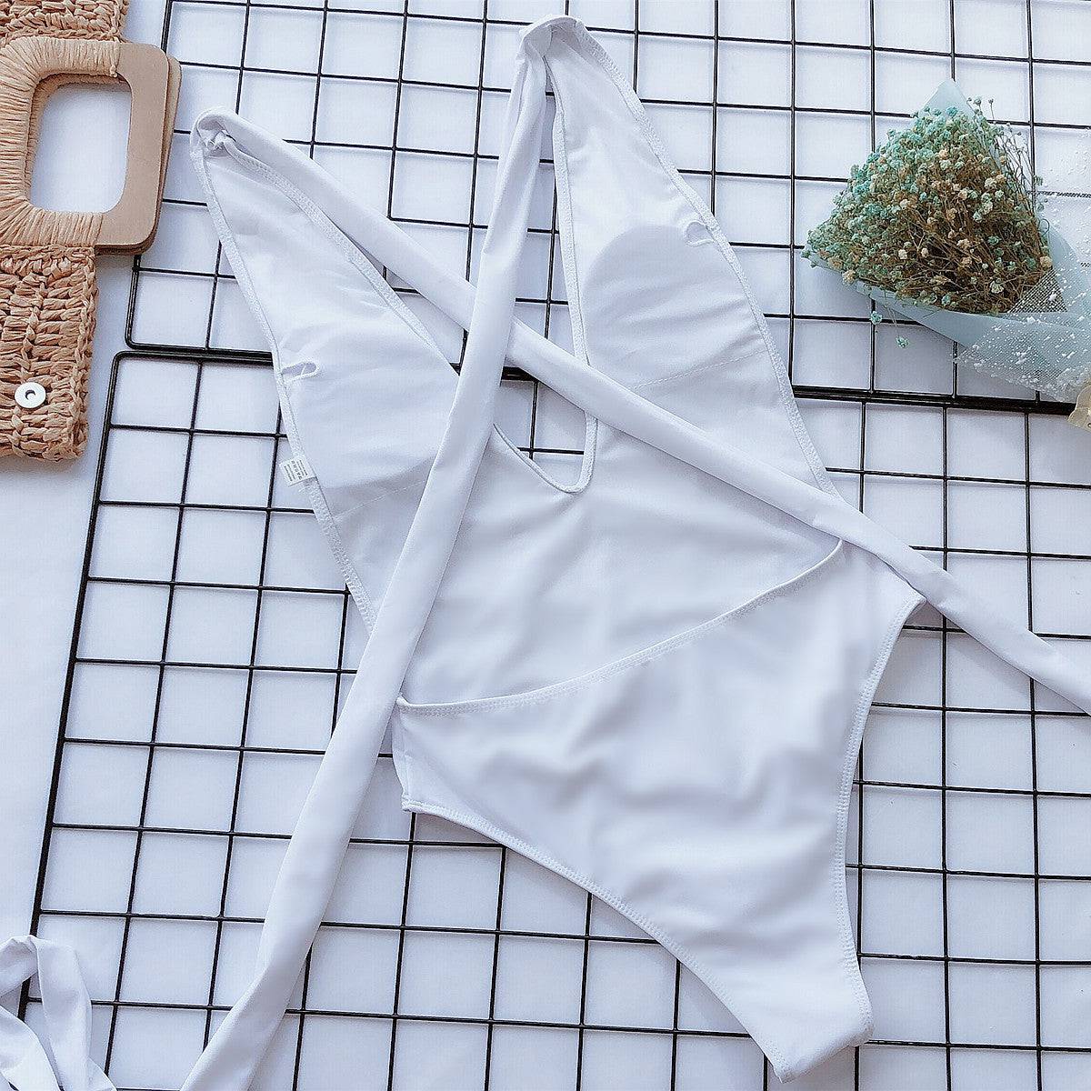 Halter Neck Deep V Tied One-Piece Swimsuit - Siennasass