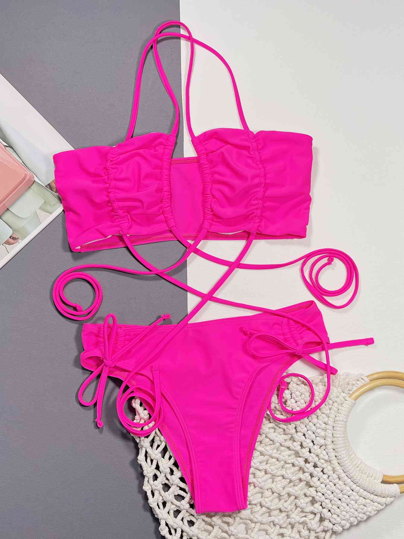 Halter Neck Drawstring Detail Bikini Set - Siennasass