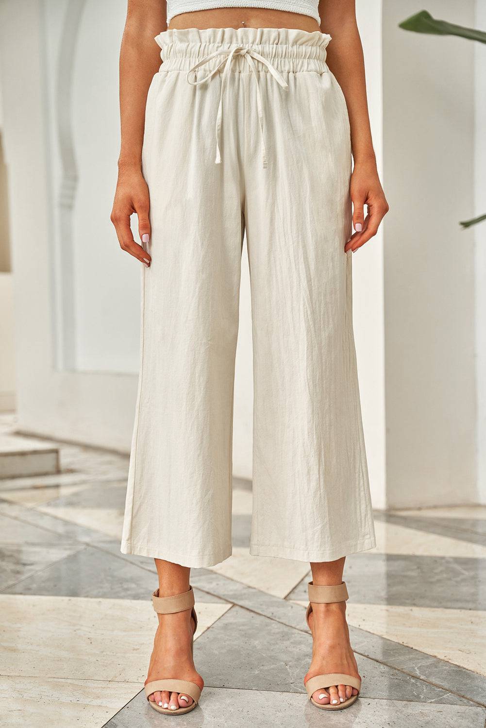 Drawstring Paperbag Waist Wide Leg Pants - Siennasass