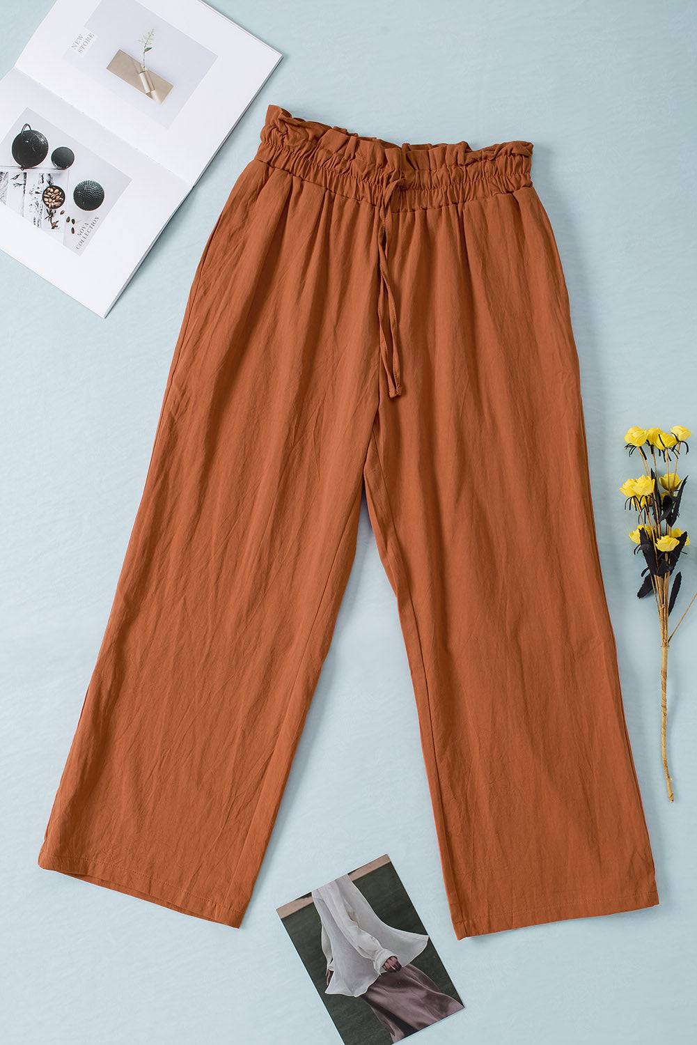 Drawstring Paperbag Waist Wide Leg Pants - Siennasass