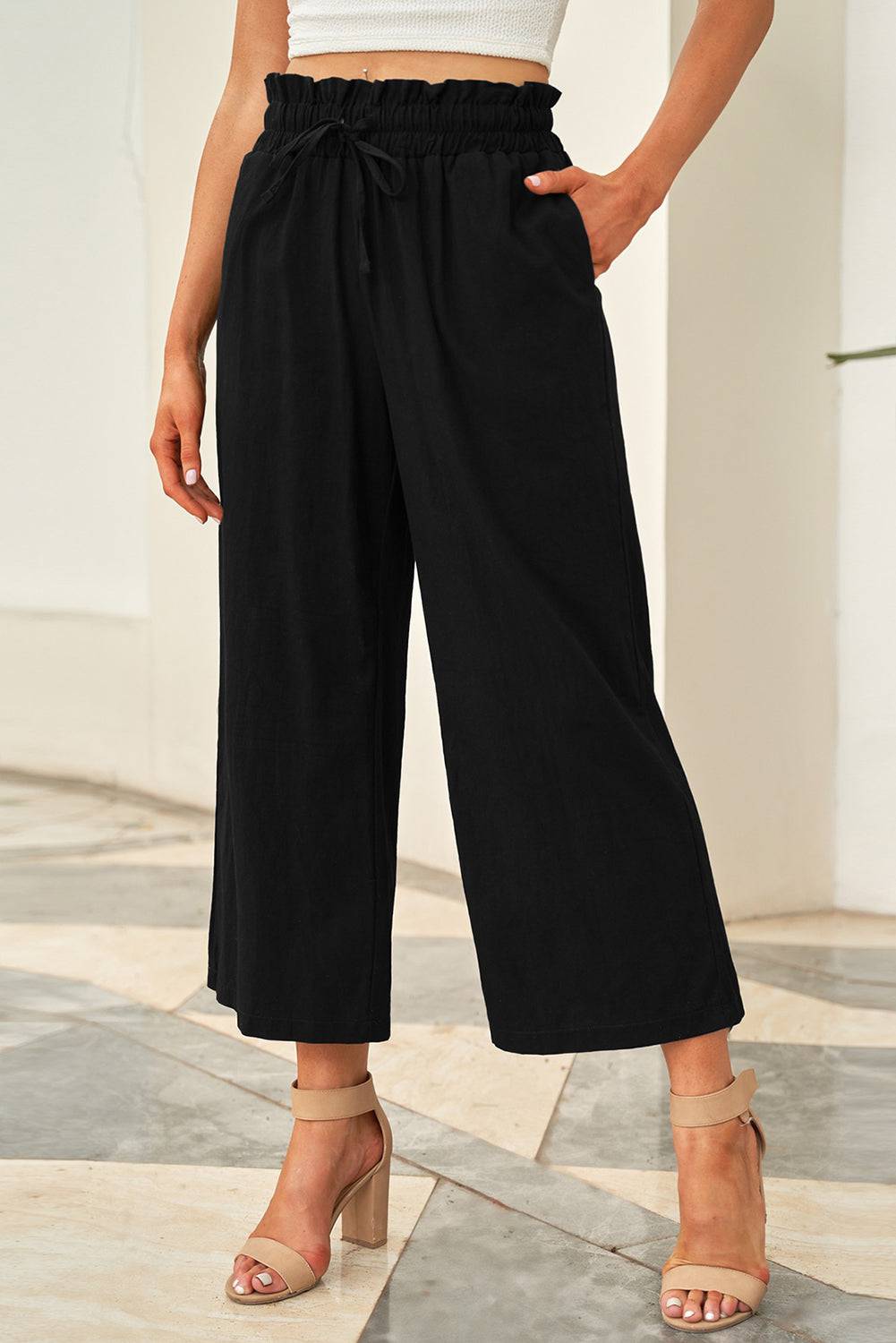 Drawstring Paperbag Waist Wide Leg Pants - Siennasass