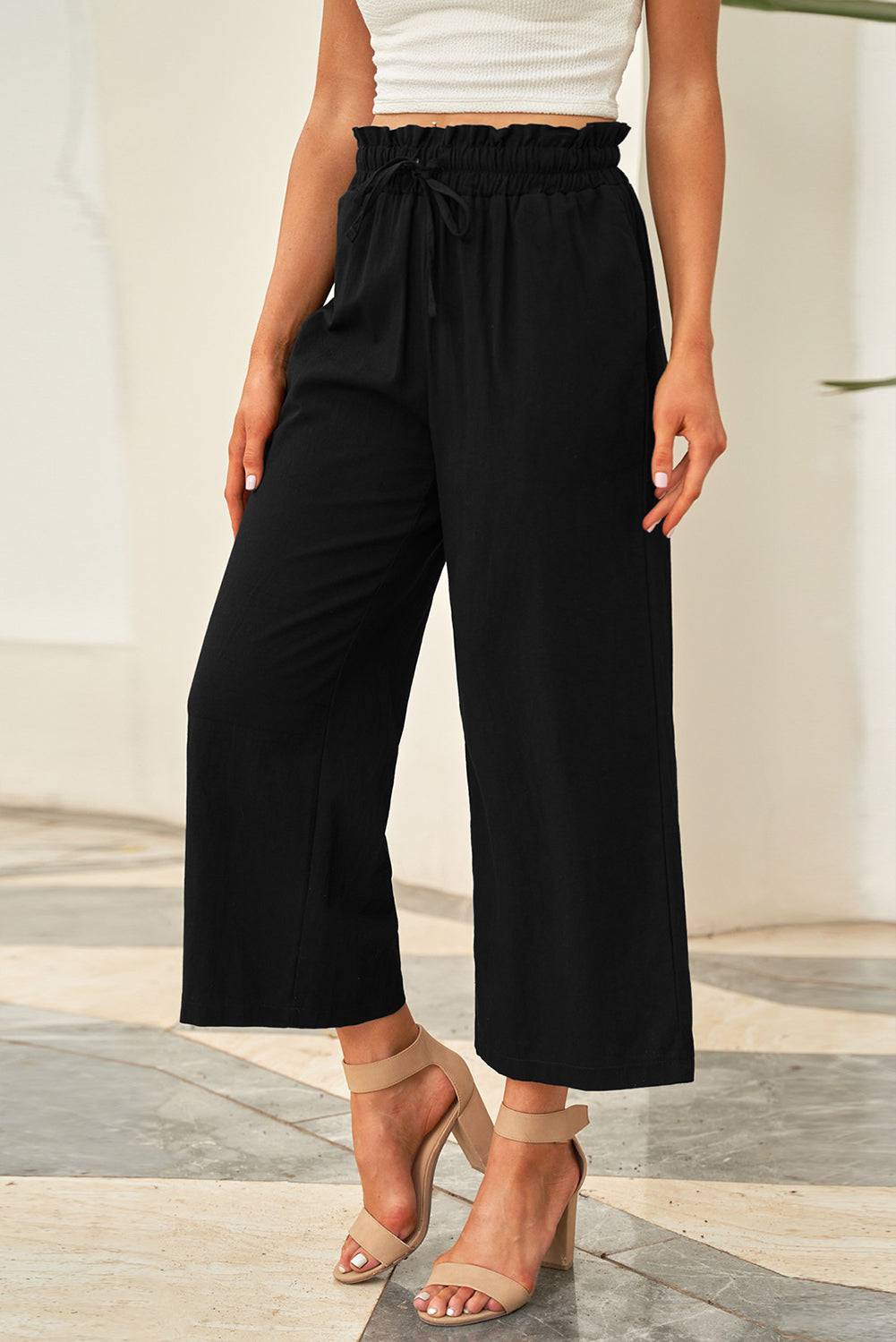 Drawstring Paperbag Waist Wide Leg Pants - Siennasass