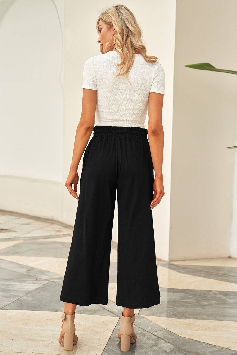 Drawstring Paperbag Waist Wide Leg Pants - Siennasass