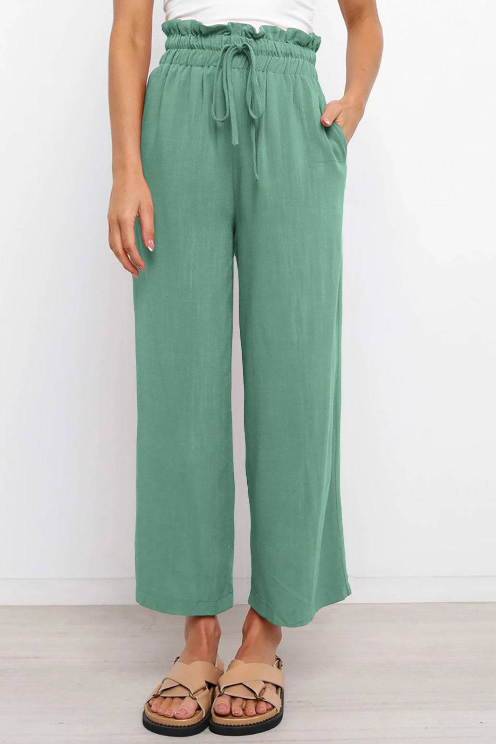 Drawstring Paperbag Waist Wide Leg Pants - Siennasass