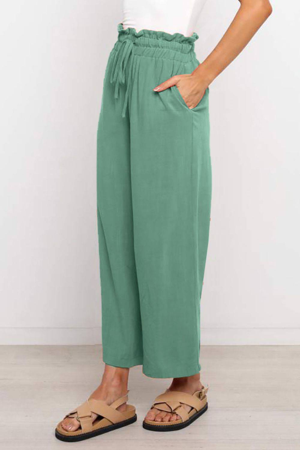 Drawstring Paperbag Waist Wide Leg Pants - Siennasass