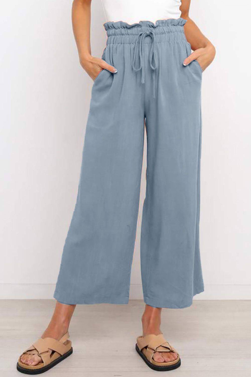 Drawstring Paperbag Waist Wide Leg Pants - Siennasass