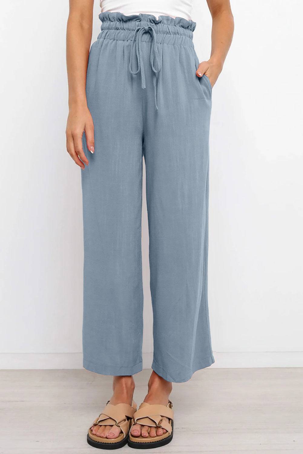 Drawstring Paperbag Waist Wide Leg Pants - Siennasass