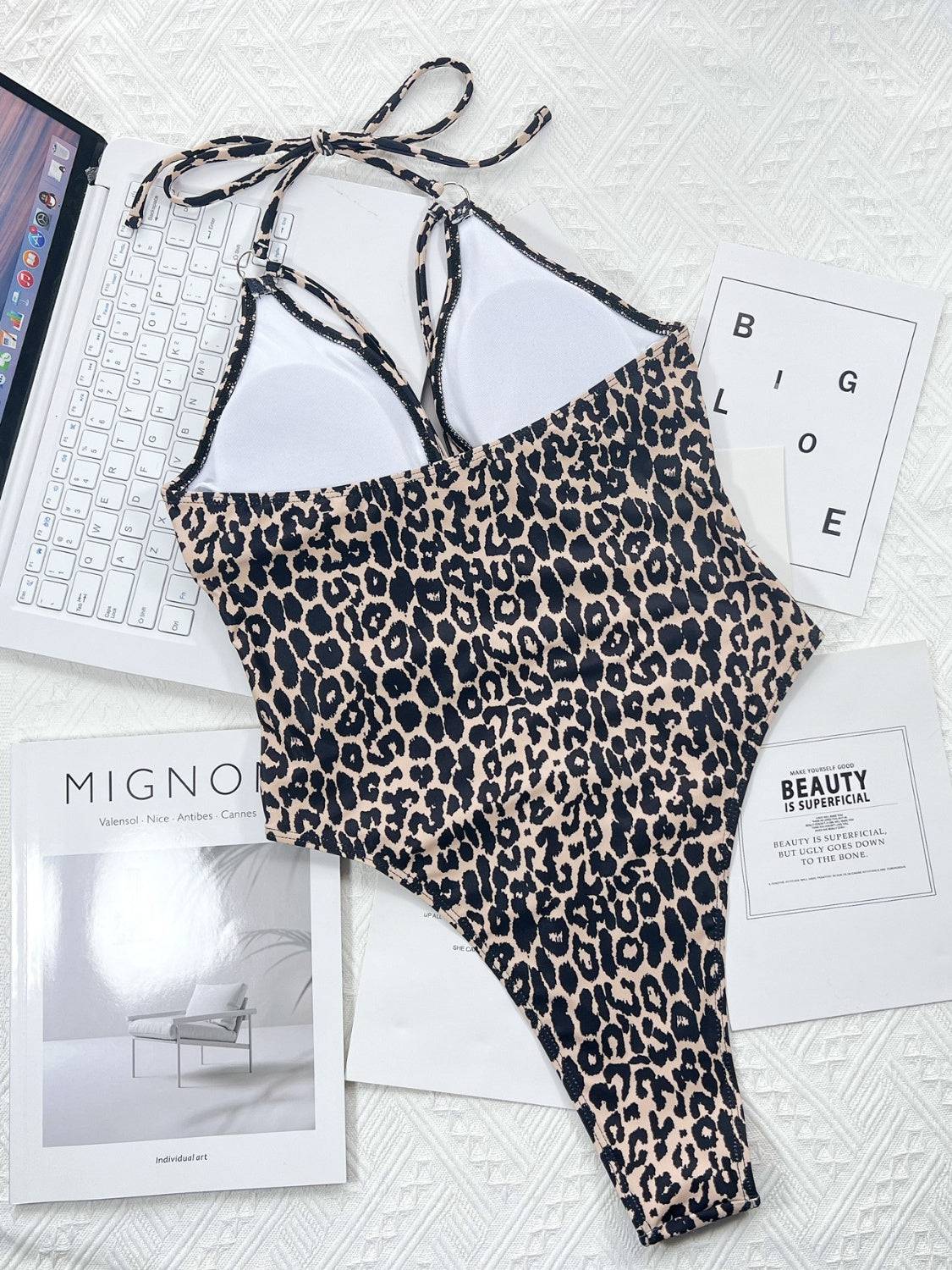 Leopard Cutout Halter Neck One-Piece Swimwear - Siennasass