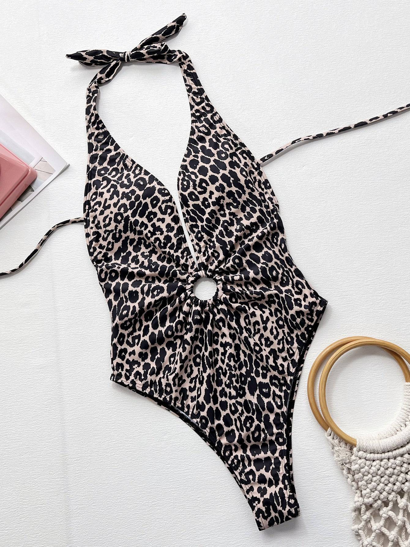 Leopard Halter Neck Ring Detail One-Piece Swimsuit - Siennasass